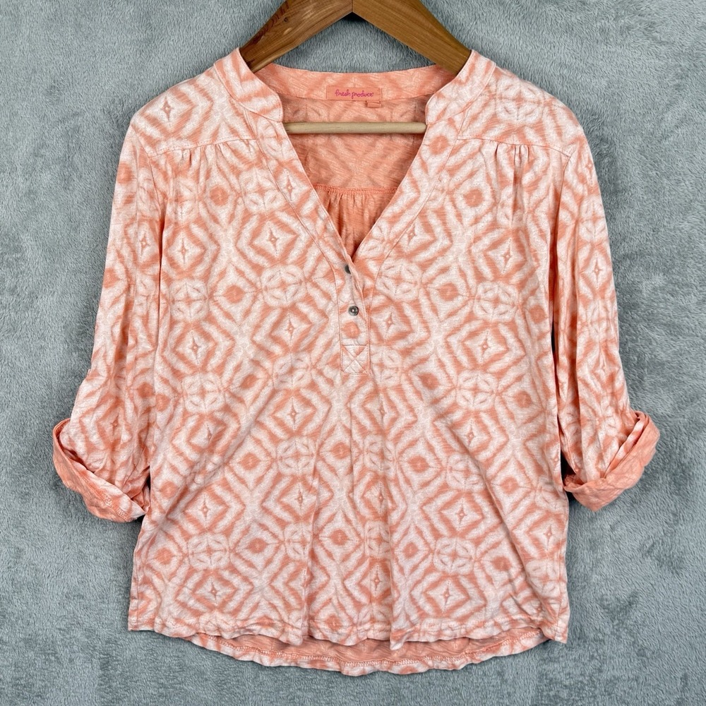 Fresh Produce Top Womens M Orange White Ikat Print 3/4 Sleeve Cotton‎ USA Resort